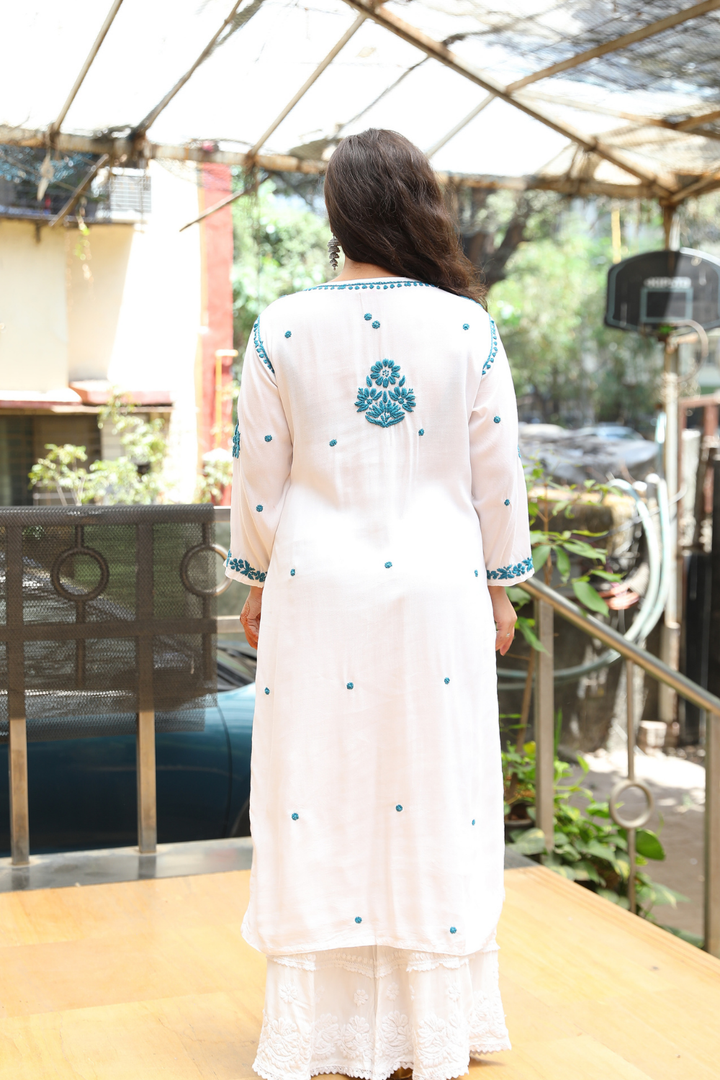 Kausar Rayon 3D Chikankari Designer White Multi