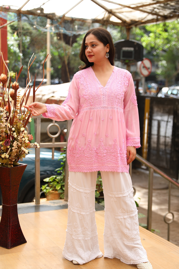 Azra Premium Muslin Chikankari Short  Kurti