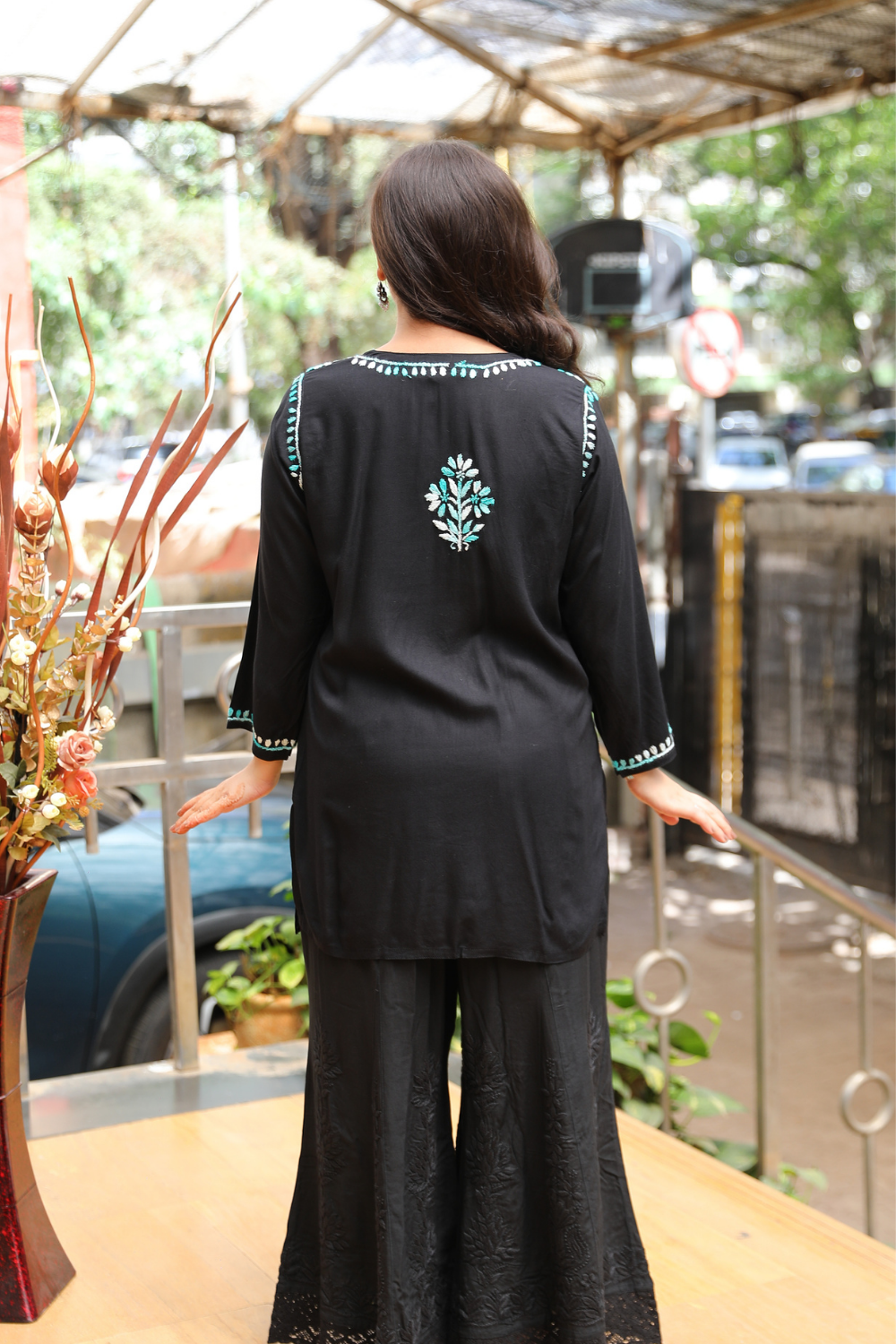 Ruvina Rayon Black Multi Chikankari Short Kurti