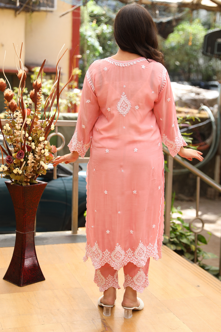 Dania Premium Muslin 3D Chikankari  Cutwork Kurti Pant Set