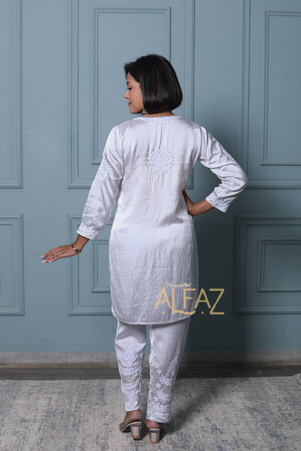 Nour White Modal Satin 3D Chikankari & Badla Work Pant Set