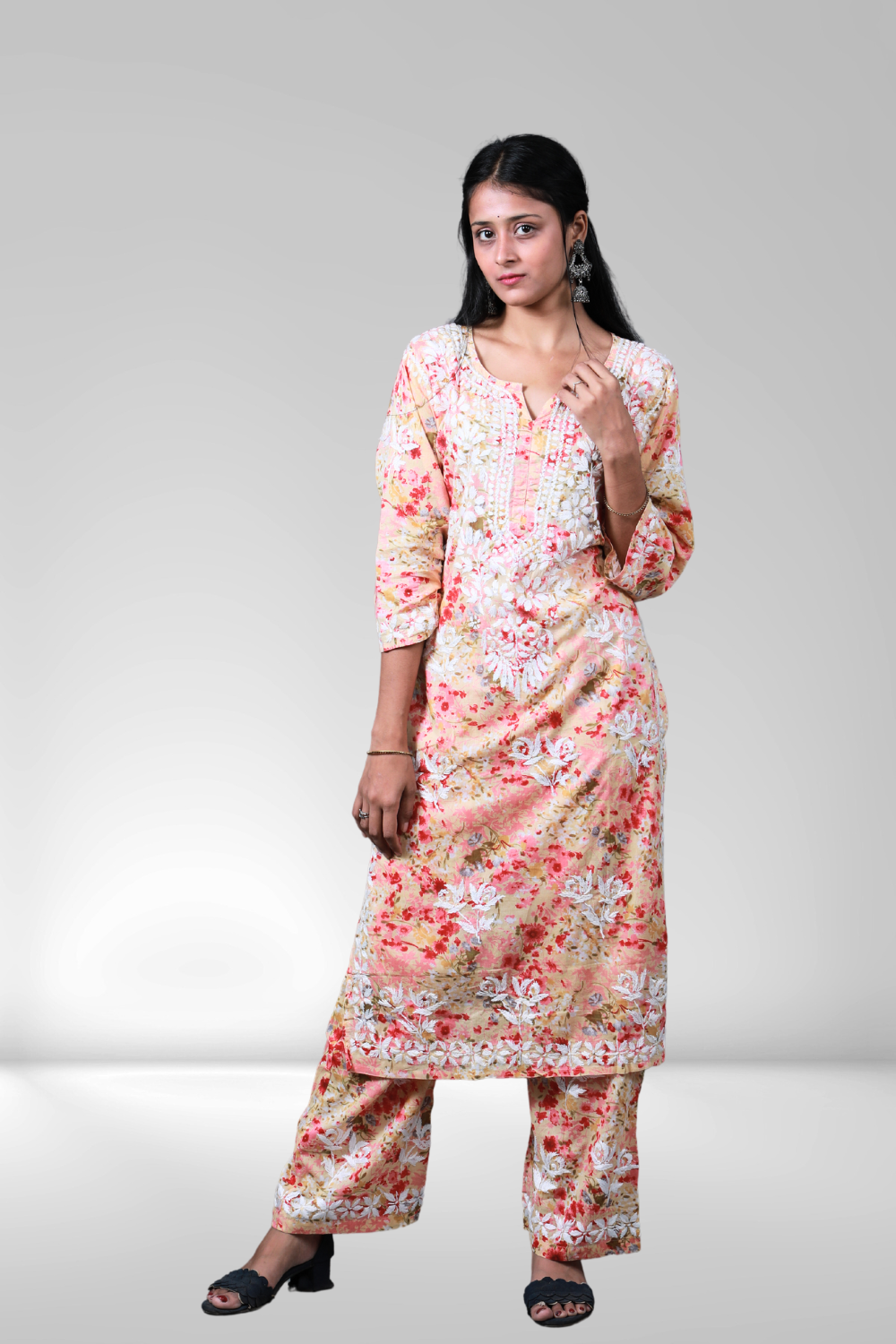 Safiya Printed Mulmul Chikankari Palazzo Set