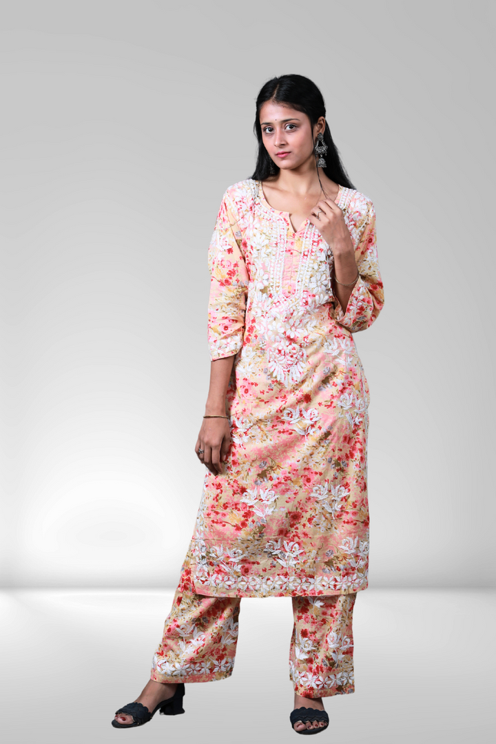 Safiya Printed Mulmul Chikankari Palazzo Set