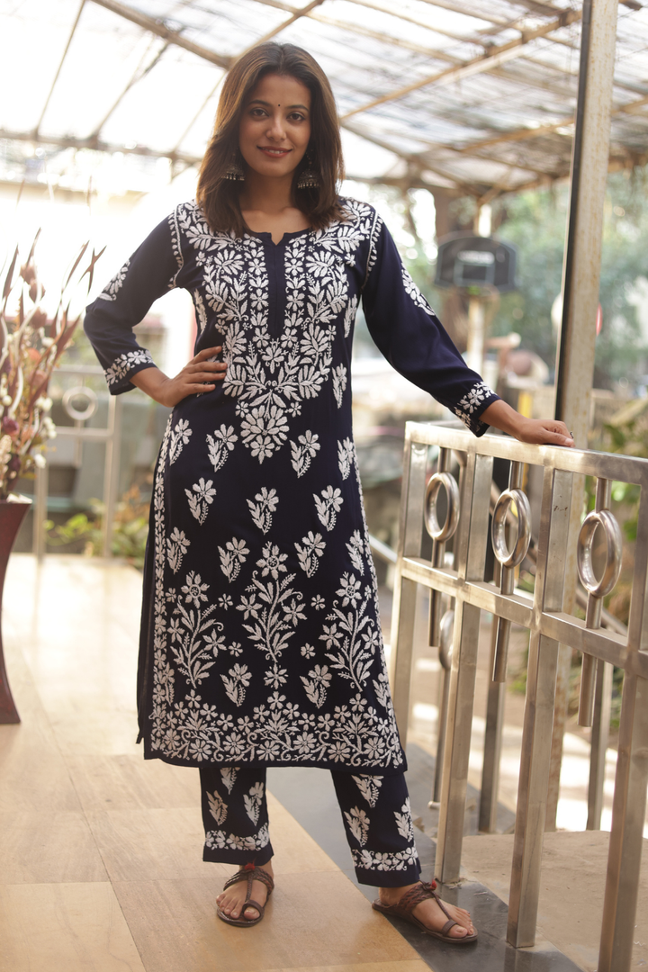 Noura Rayon Chikankari  Kurta Pant set |