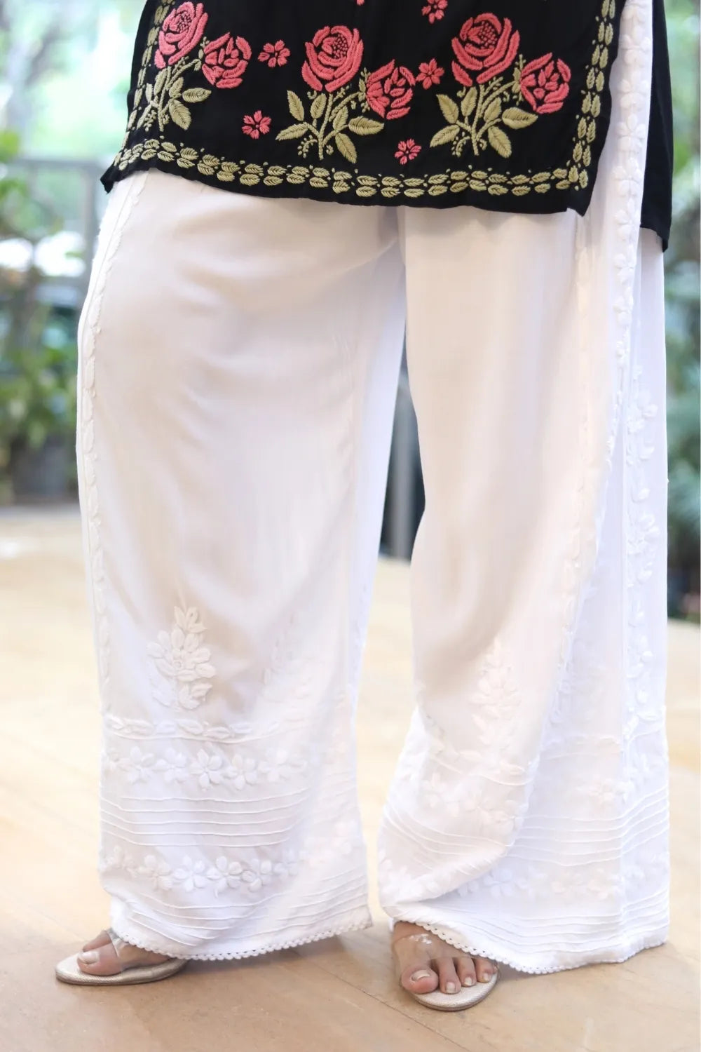 Sonal 3D Chikankari Side Kali White Palazzo