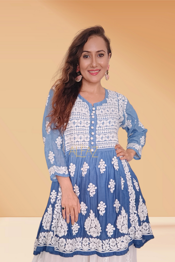 Sumaya Premium Muslin 3D Chikankari Short Gown | Short Kurtis for Women