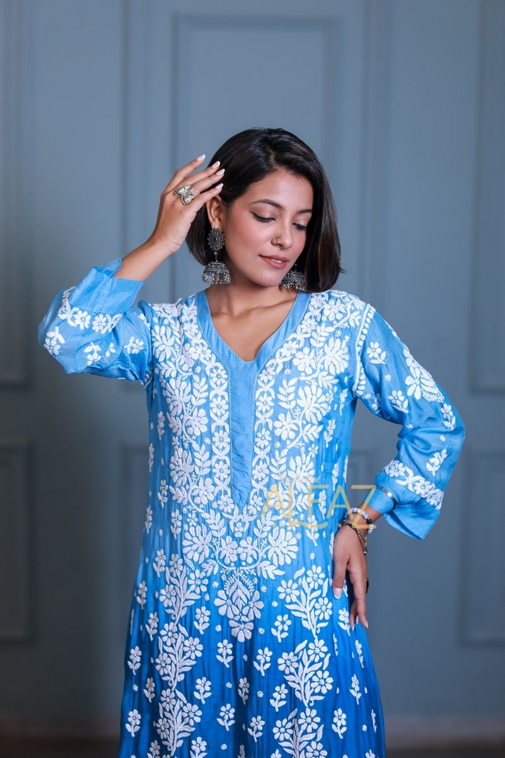 Aziza Premium Muslin 3D Chikankari Ombre A Line Kurti