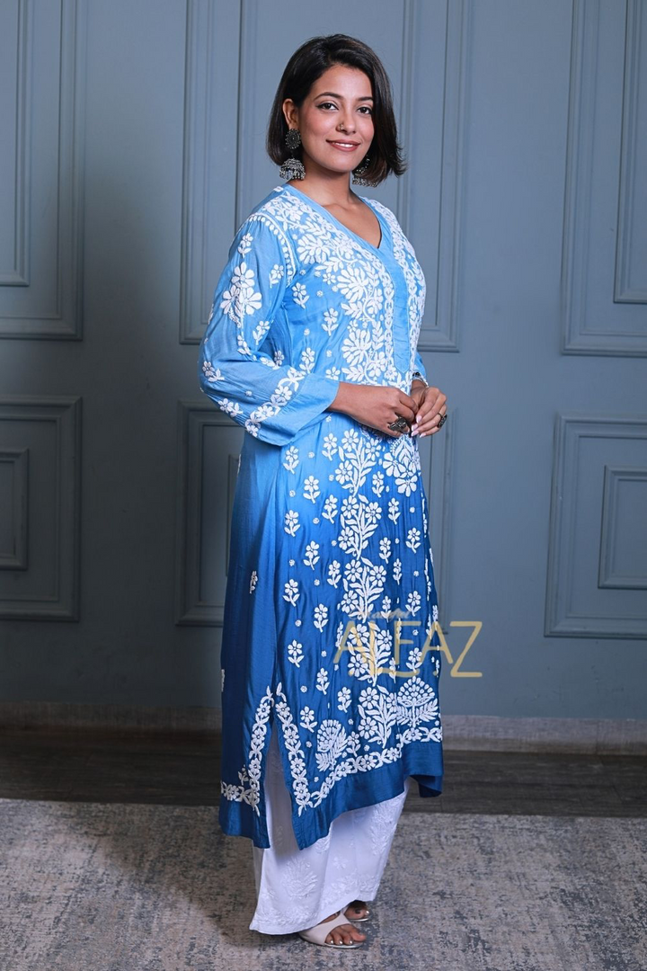 Aziza Premium Muslin 3D Chikankari Ombre A Line Kurti