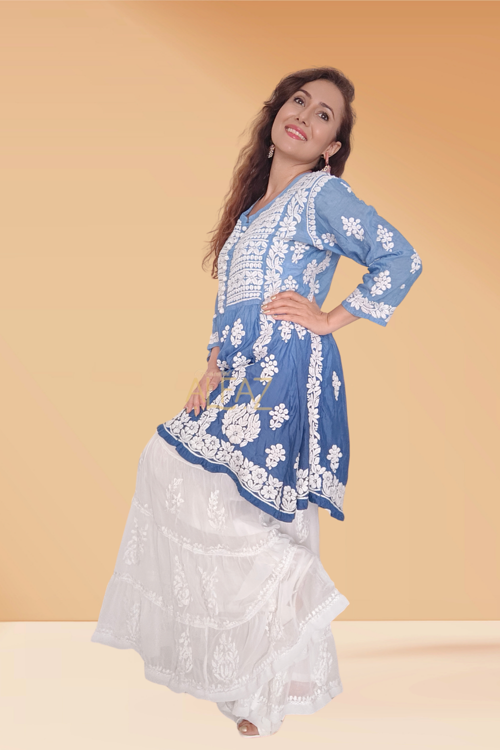 Sumaya Premium Muslin 3D Chikankari Short Gown | Short Kurtis for Women