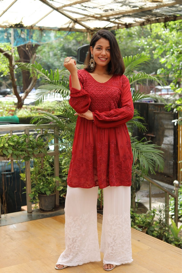 Ziya Viscose 3D Chikankari With Mukaish Short Angrakha Kurti