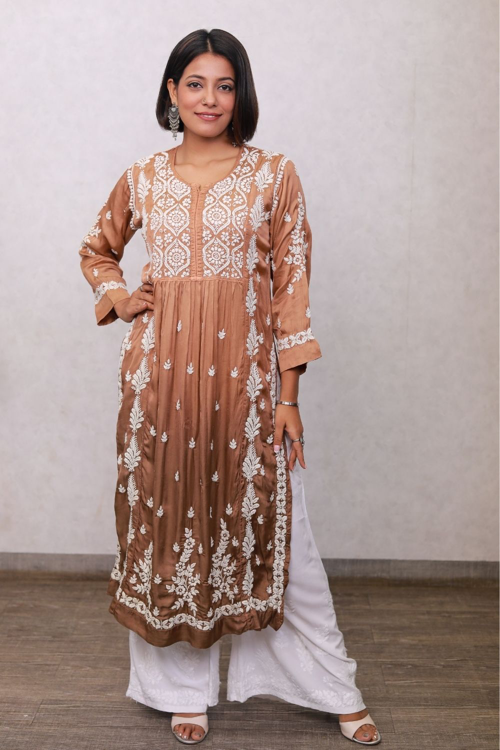 Haniya Modal Satin 3D Chikankari Nayra Cut Kurti