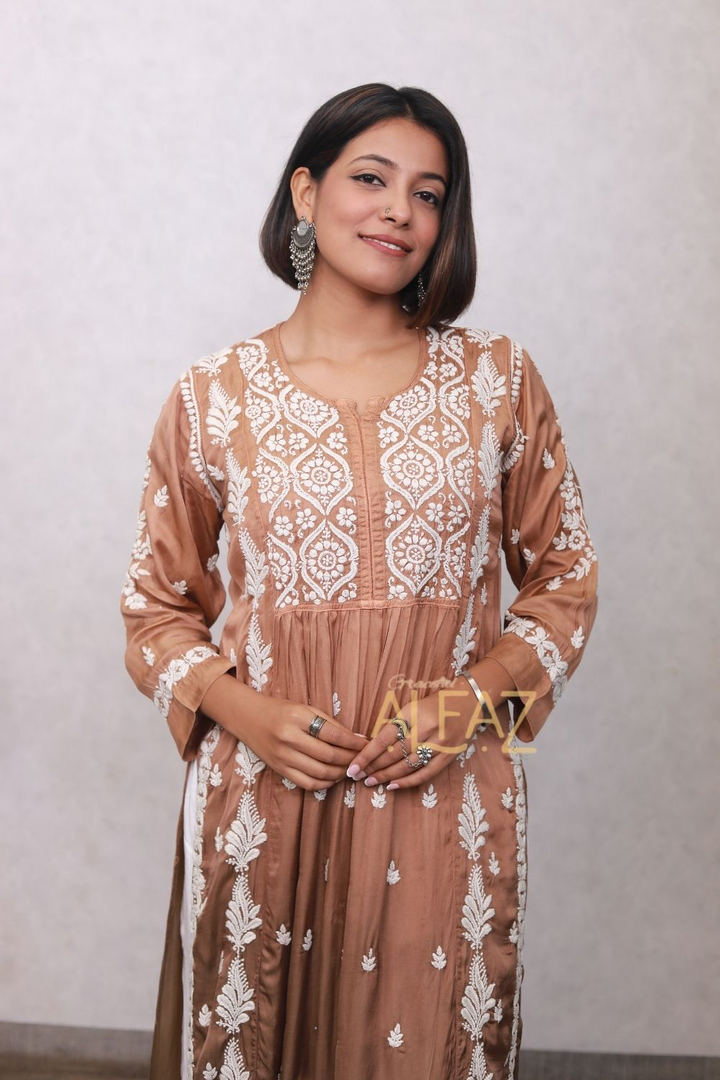 Haniya Modal Satin 3D Chikankari Nayra Cut Kurti