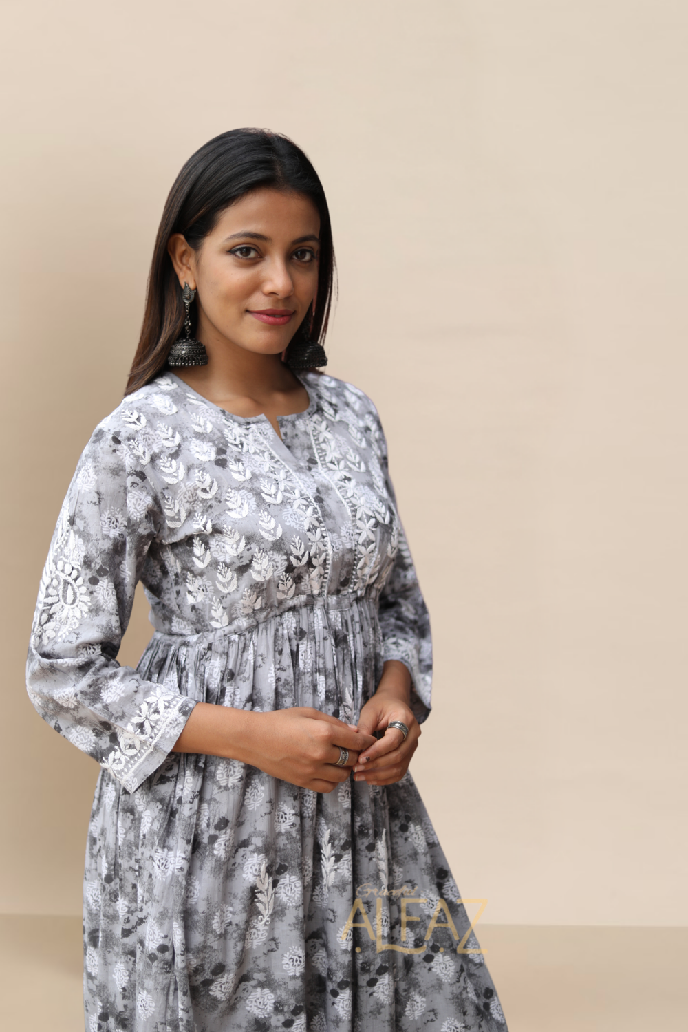 Ruqayya Mulmul Chikankari A-line Gown | Lucknowi Chikankari Gown