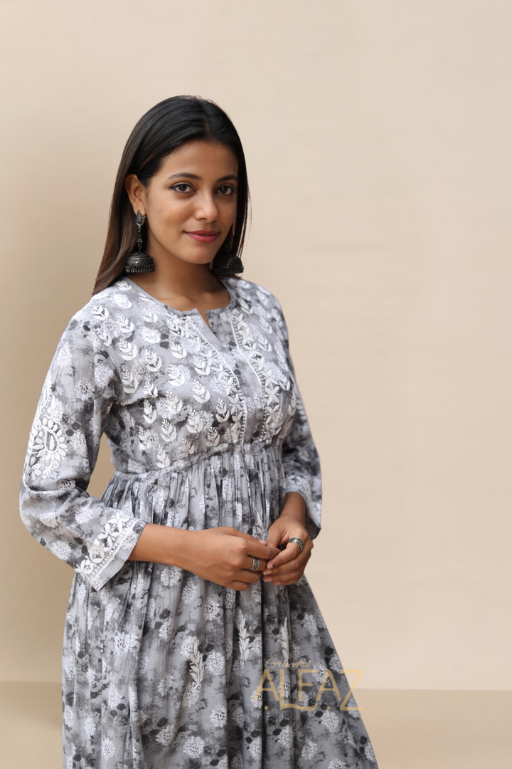 Ruqayya Mulmul Chikankari A-line Gown | Lucknowi Chikankari Gown