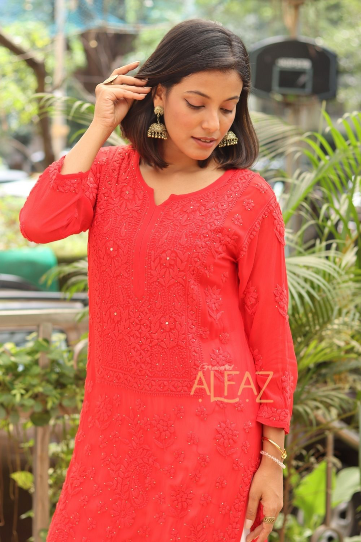 Suha Viscose 3D Chikankari With Mukaish Tone To Tone Kurti