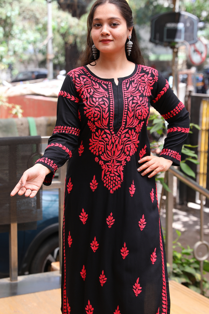 Naila  Rayon Black Multi Long Kurti Chikankari