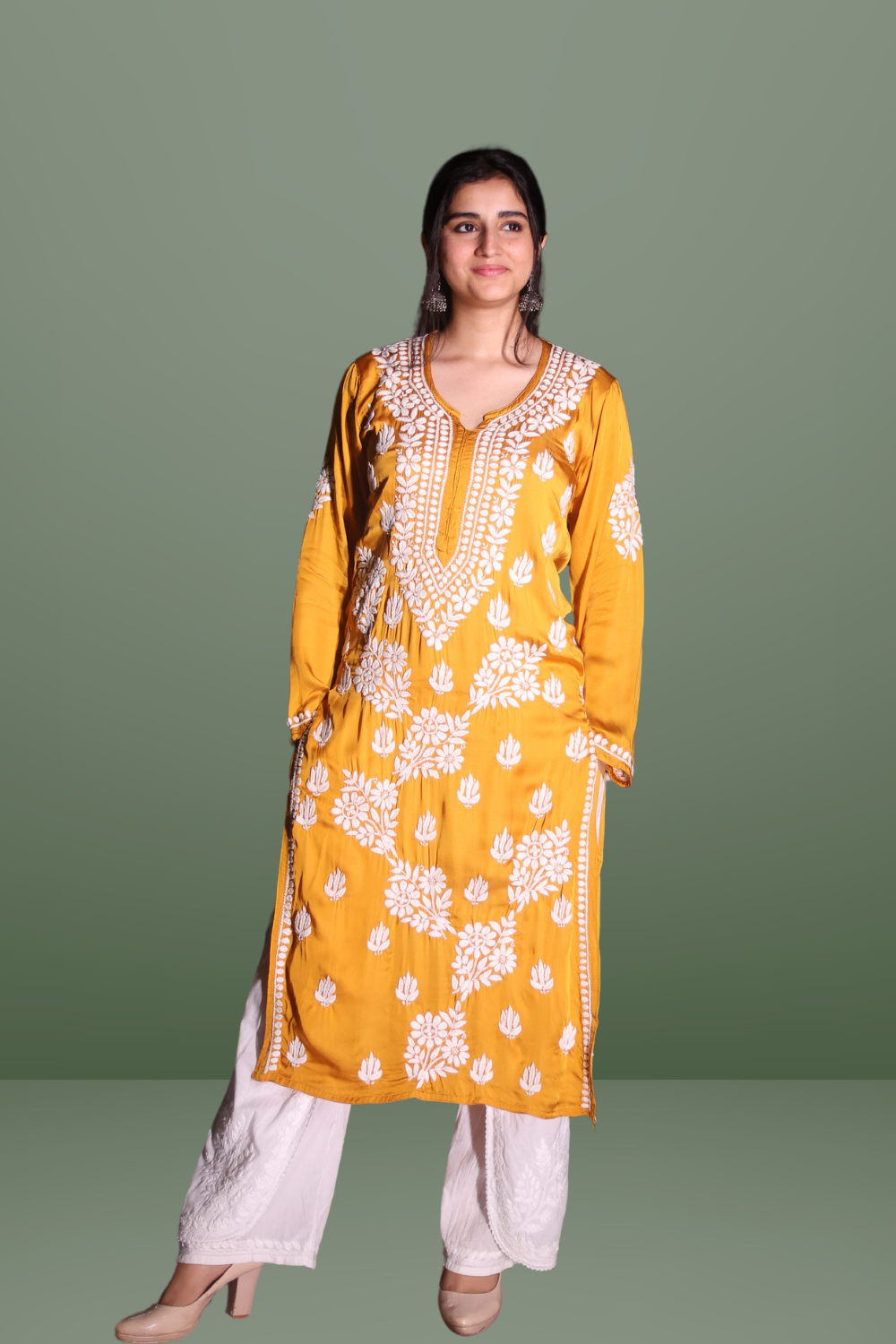 Classic Modal Chikan Kurti - Saida Modal Satin Collection