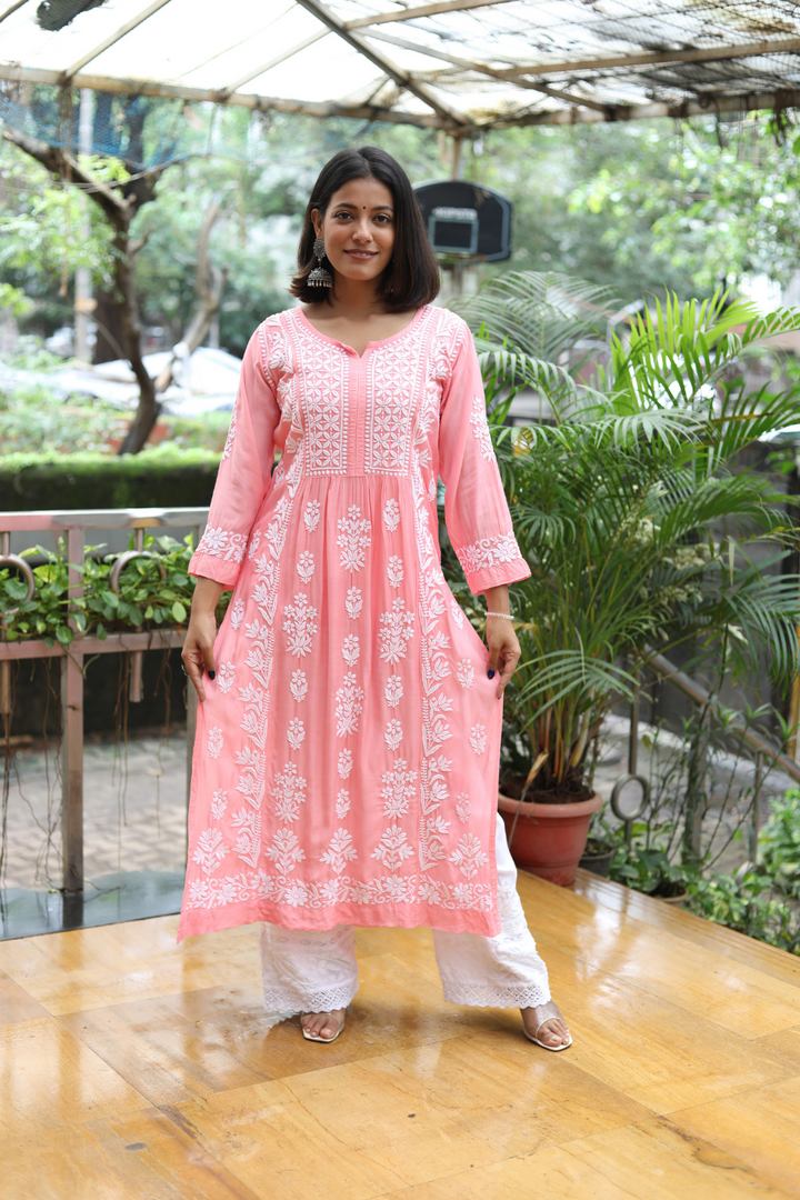 Fiza Premium Muslin Chikankari Nayra Cut Kurti