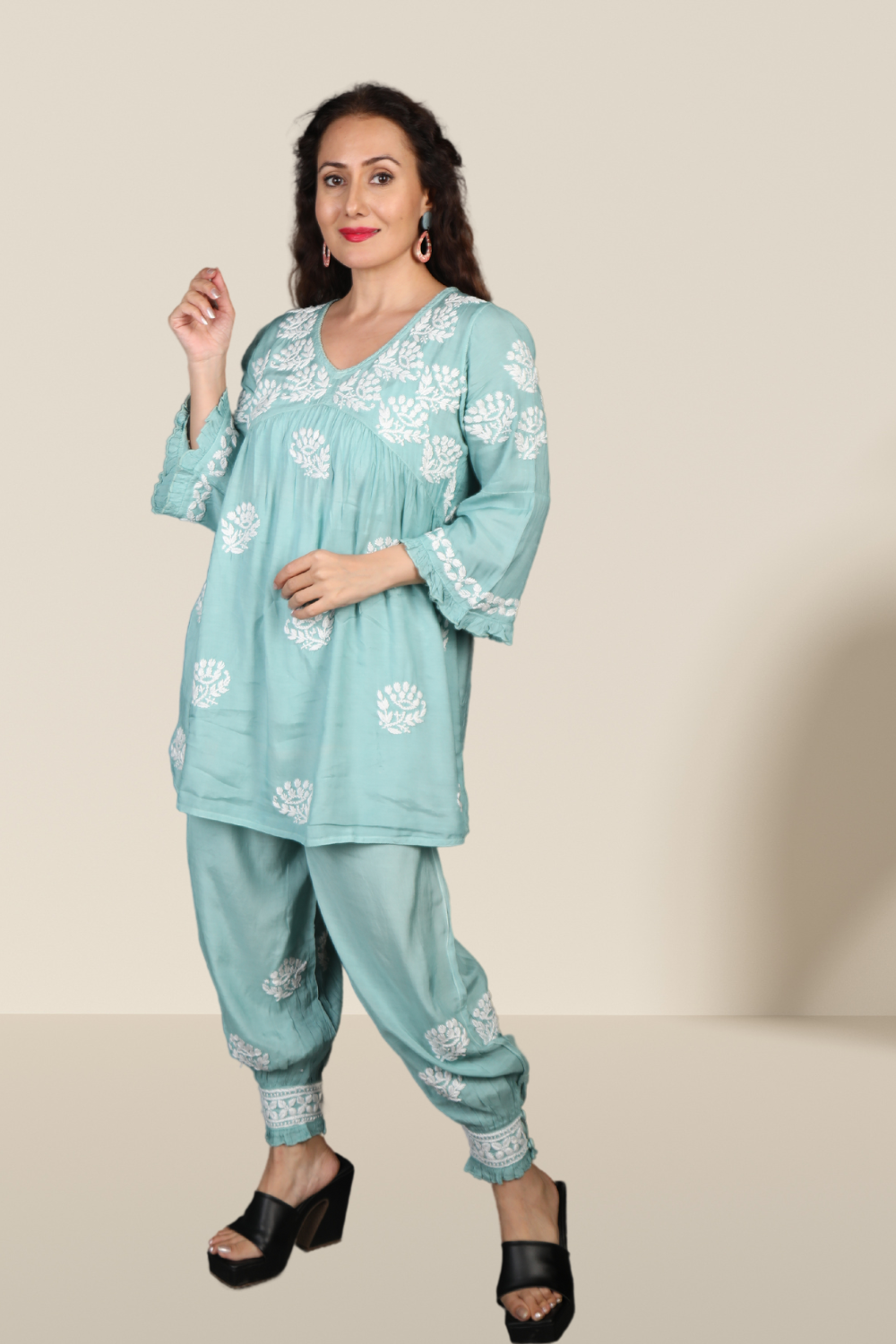 Stylish Chikan Kurti Afghani Set - Samira Muslin Collection