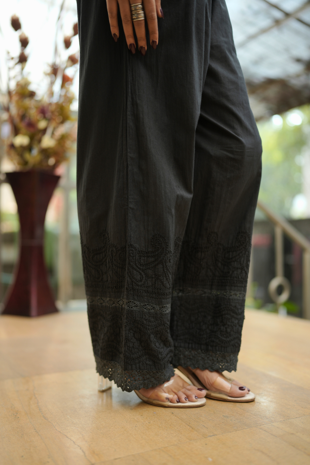 Bina Cotton Chikankari Black Palazzo With Lace
