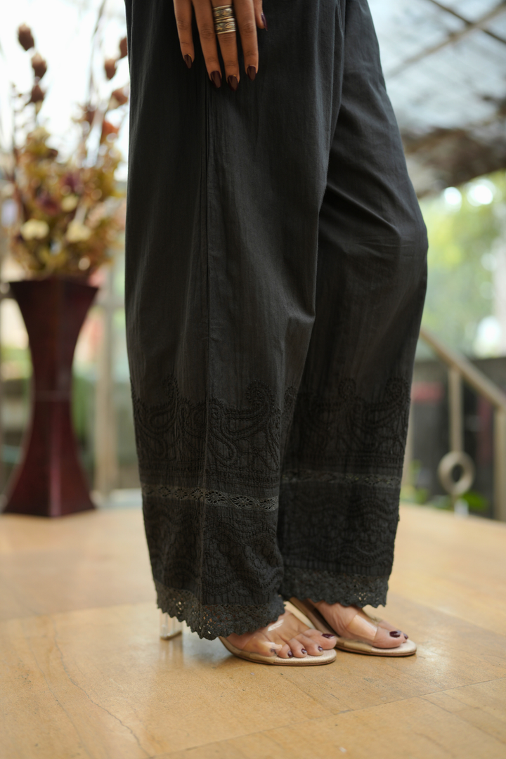 Bina Cotton Chikankari Black Palazzo With Lace