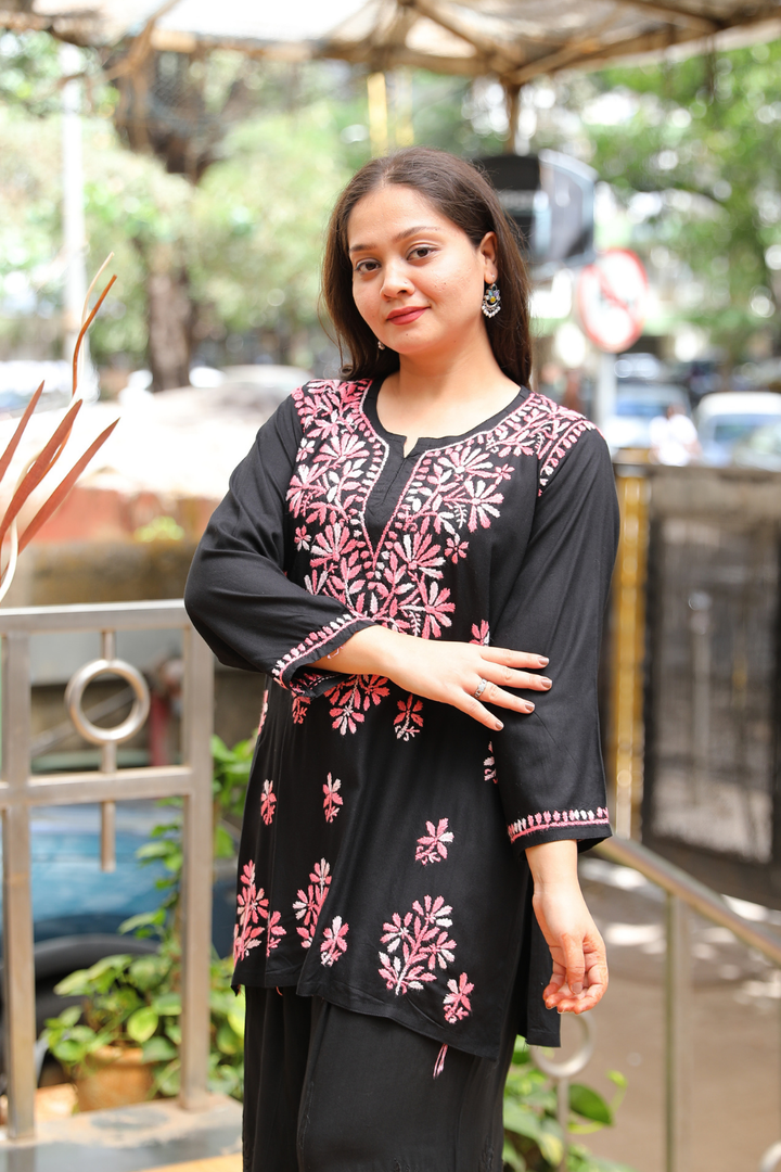 Ruvina Rayon Black Multi Chikankari Short Kurti
