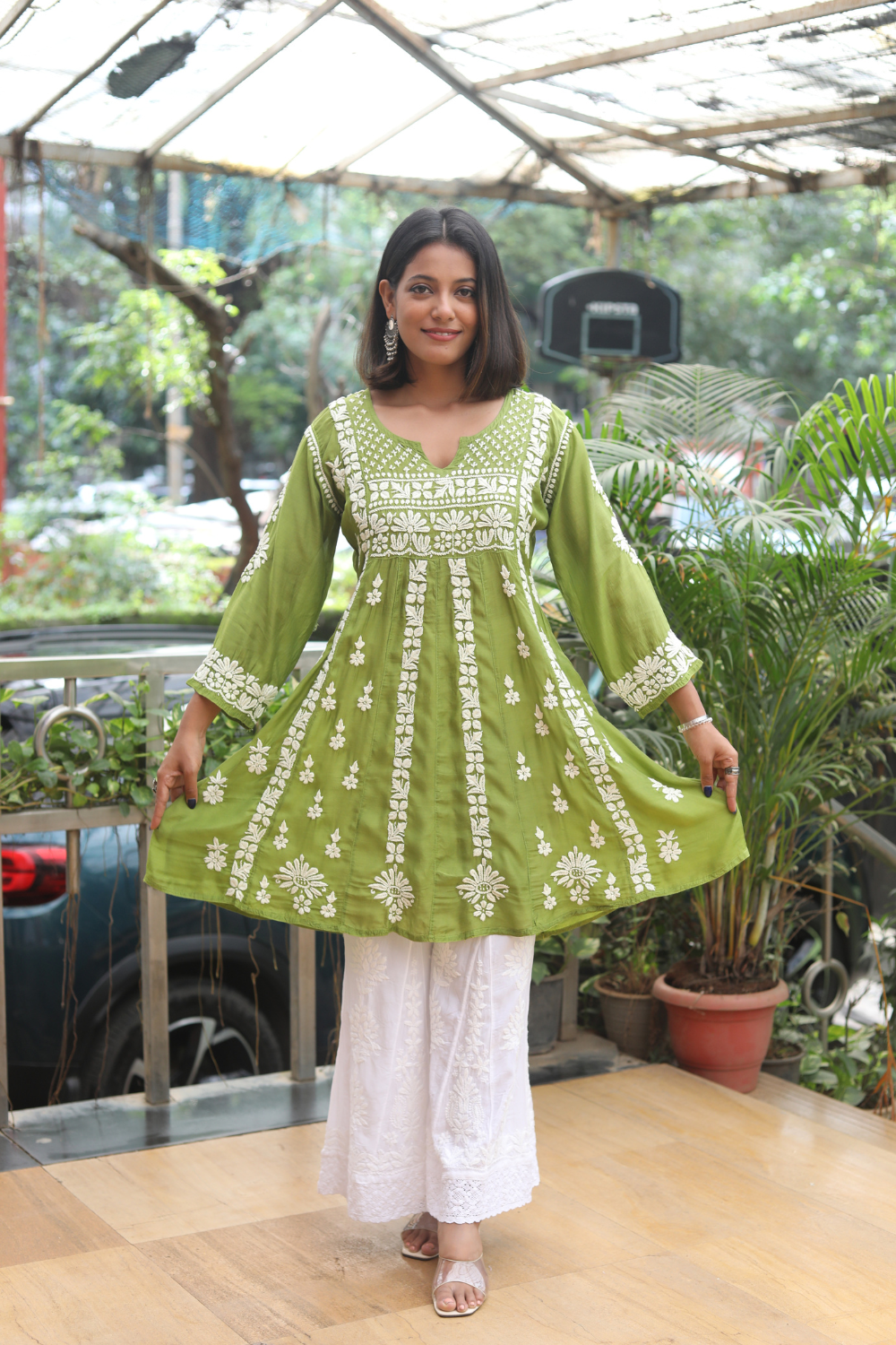 Sanaa Muslin 3D Chikankari Short Kurti