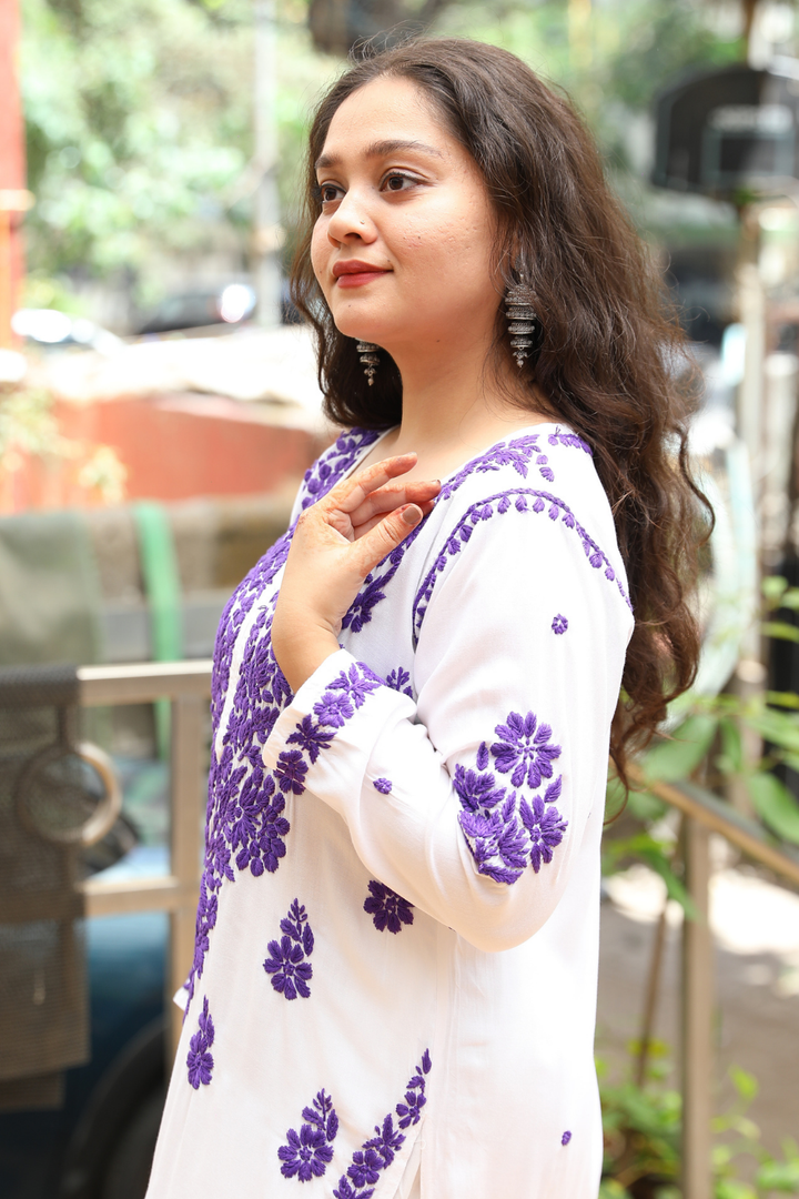 Kausar Rayon 3D Chikankari Designer White Multi
