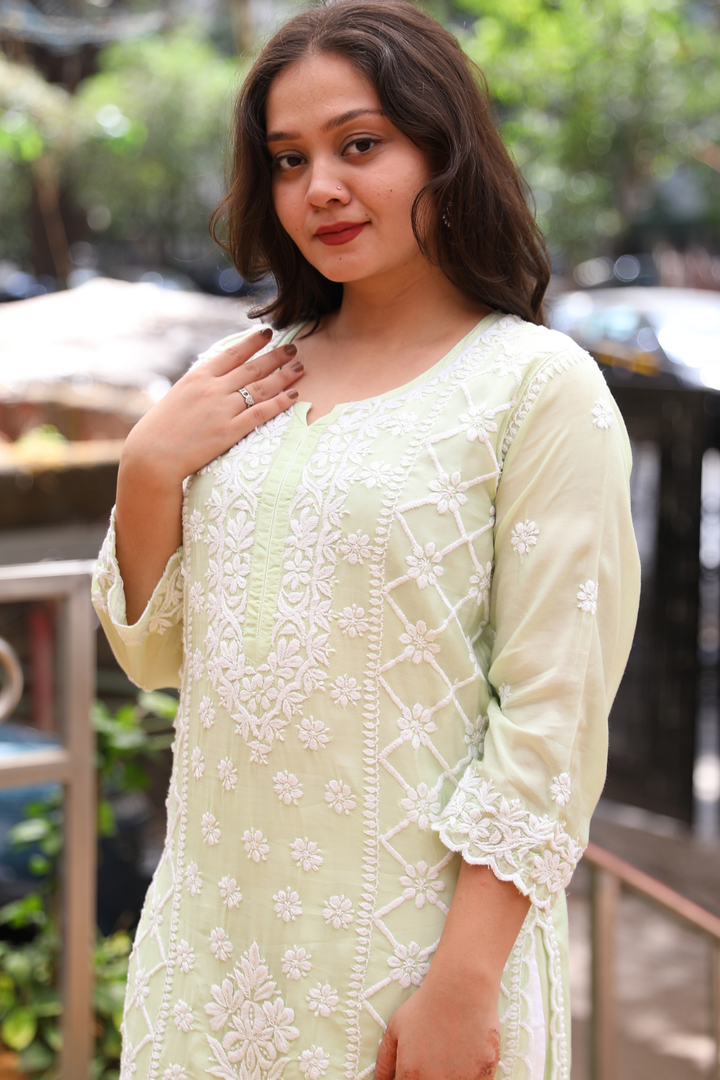 Ayah   Premium Muslin 3D Chikankari Ombre  Cutwork Kurti Palazzo Set