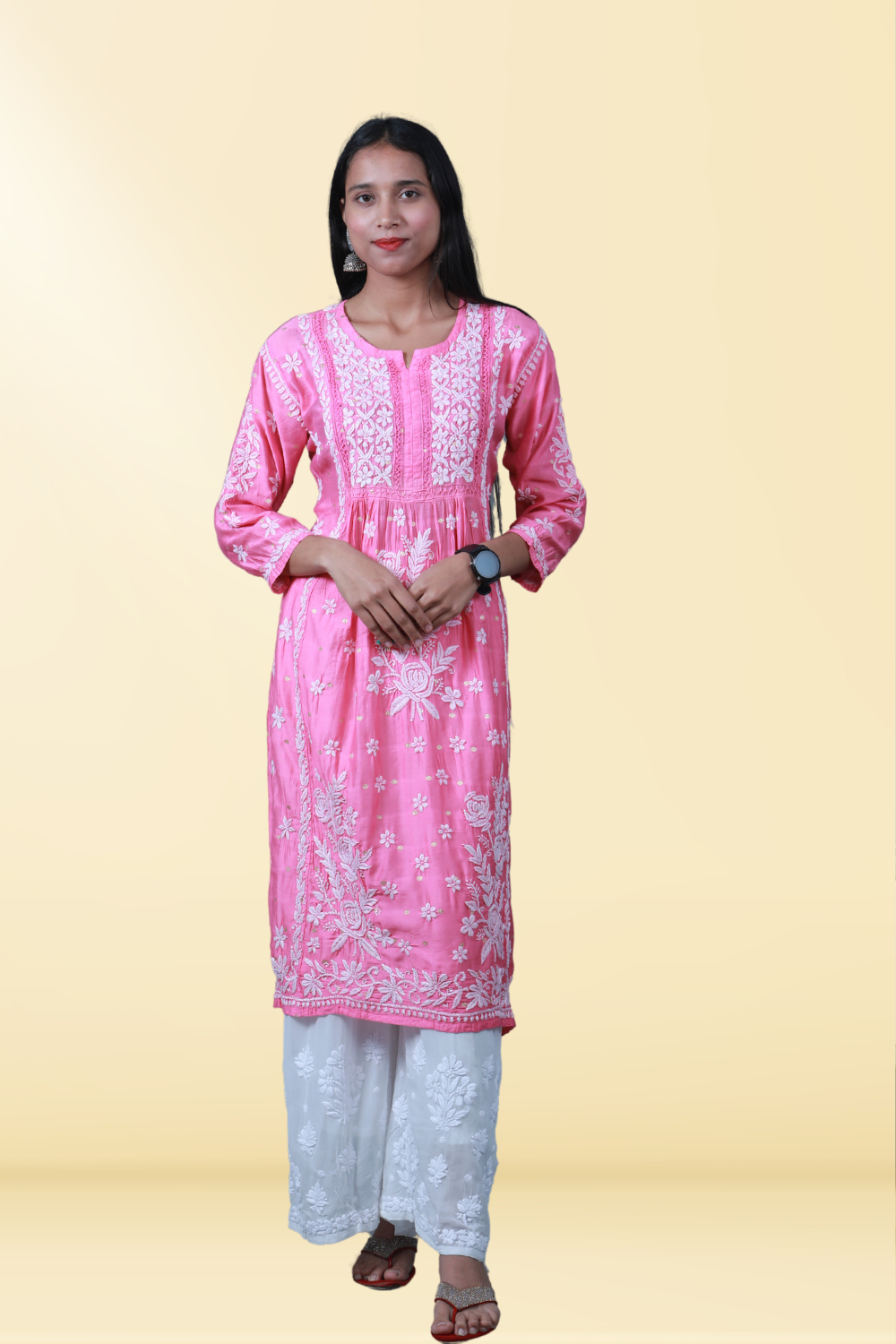 Aziza Chanderi Chikankari Nayara Cut Kurti | Long Chikankari Kurtis