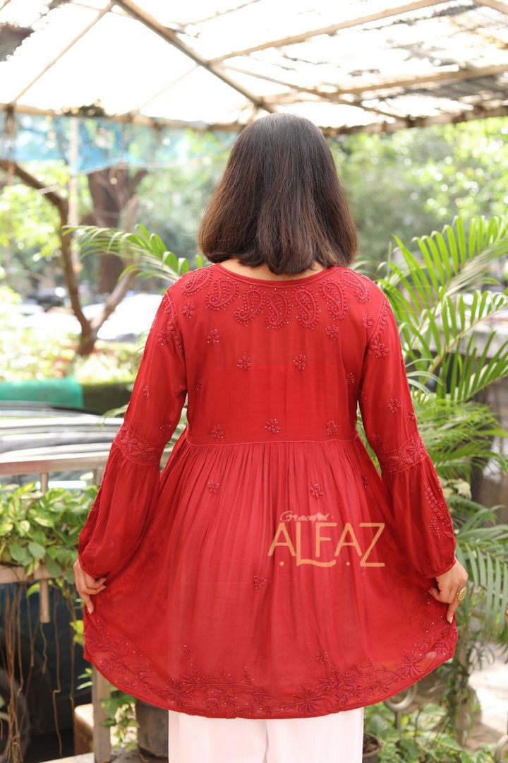 Ziya Viscose 3D Chikankari With Mukaish Short Angrakha Kurti