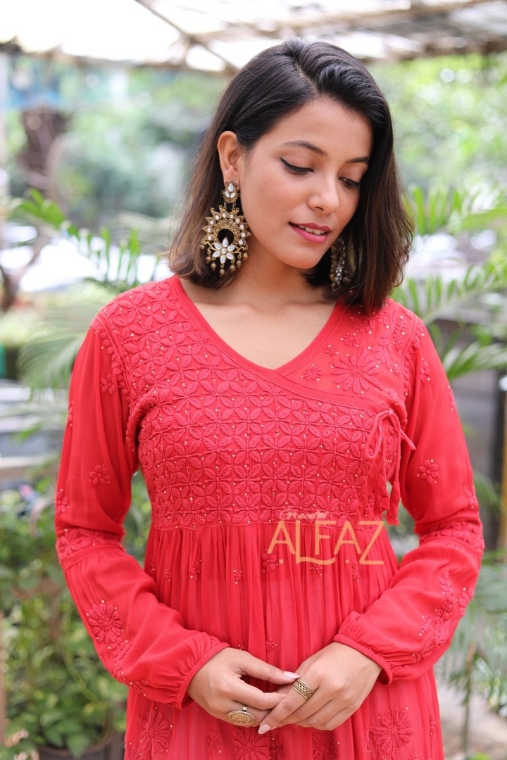 Ziya Viscose 3D Chikankari With Mukaish Short Angrakha Kurti