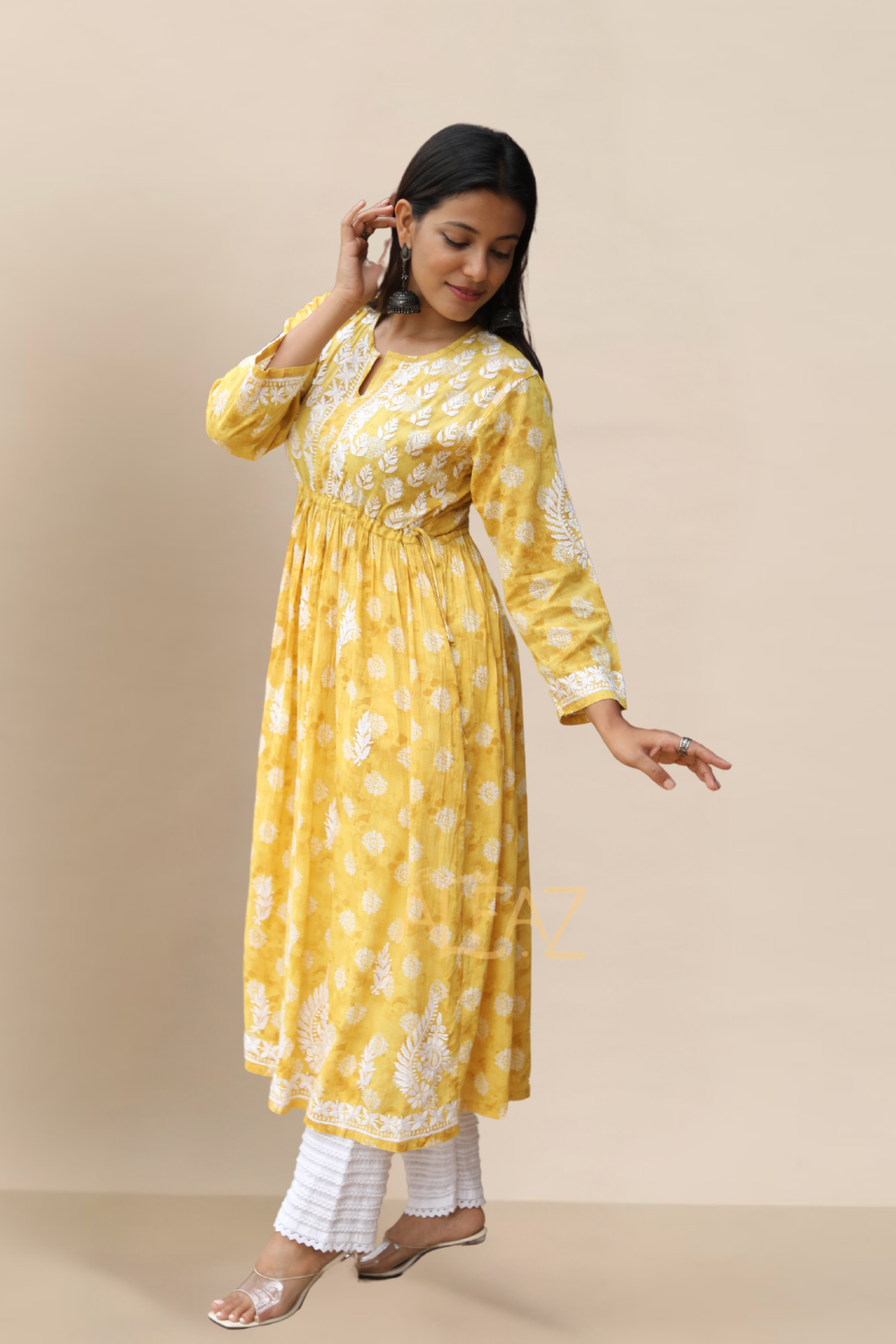 Ruqayya Mulmul Chikankari A-line Gown | Lucknowi Chikankari Gown