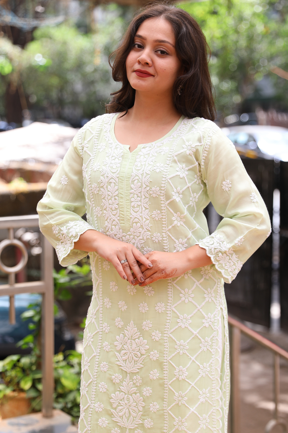 Ayah   Premium Muslin 3D Chikankari Ombre  Cutwork Kurti Palazzo Set