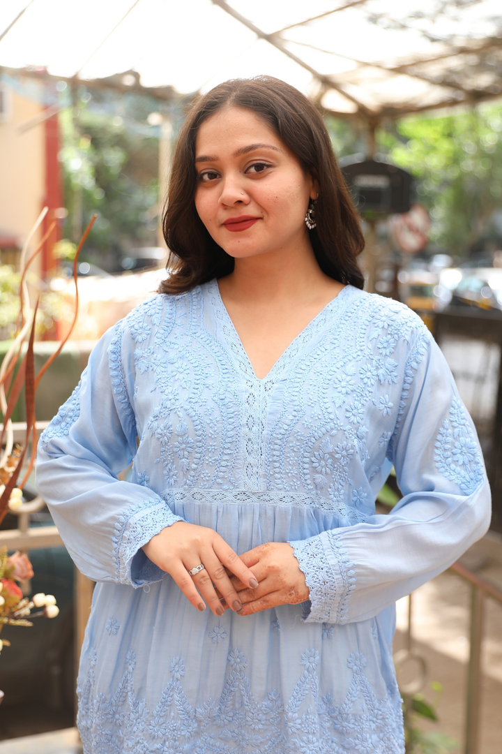Azra Premium Muslin Chikankari Short  Kurti