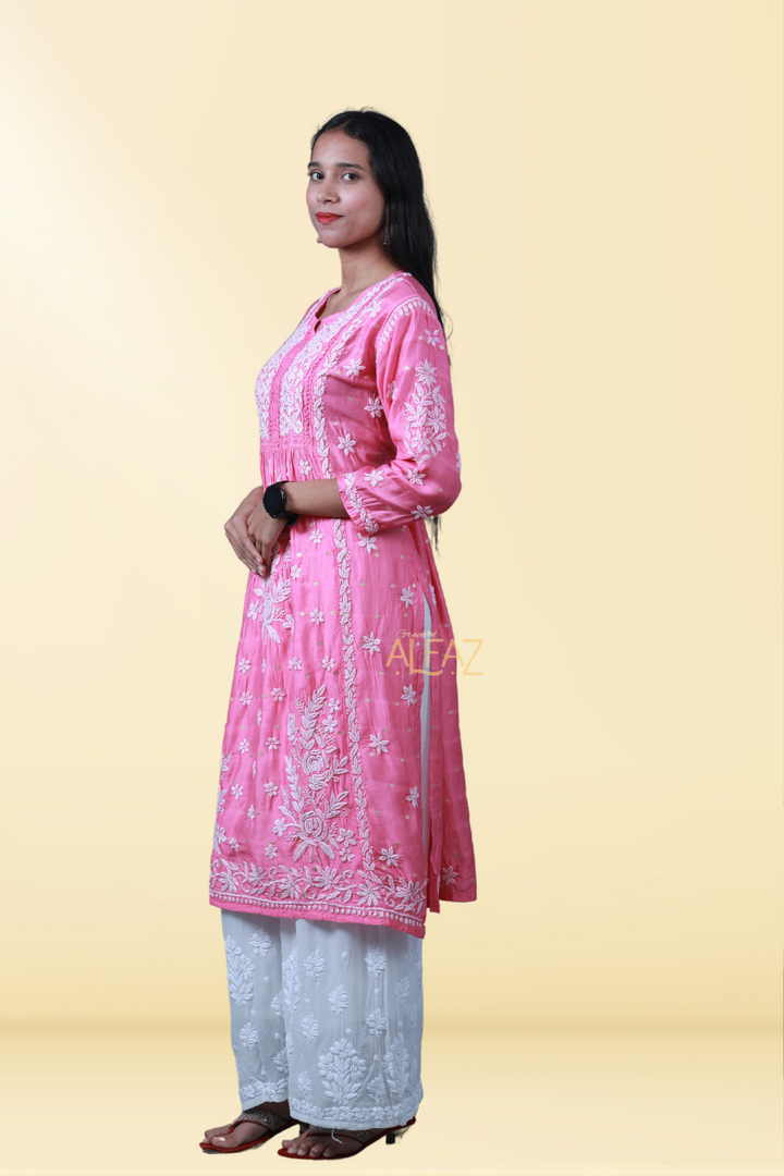 Aziza Chanderi Chikankari Nayara Cut Kurti | Long Chikankari Kurtis