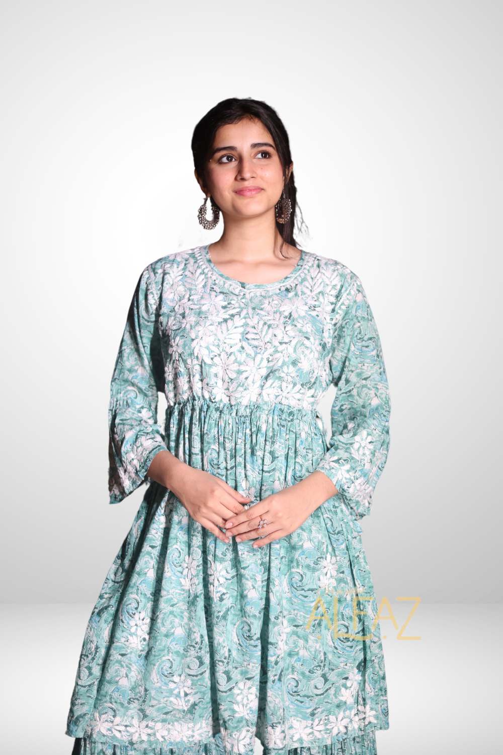 Ghazala Printed Mulmul Chikankari Gharara Set