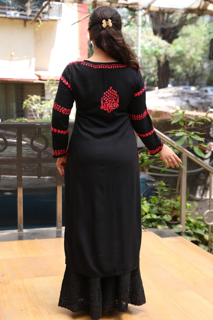 Naila  Rayon Black Multi Long Kurti Chikankari