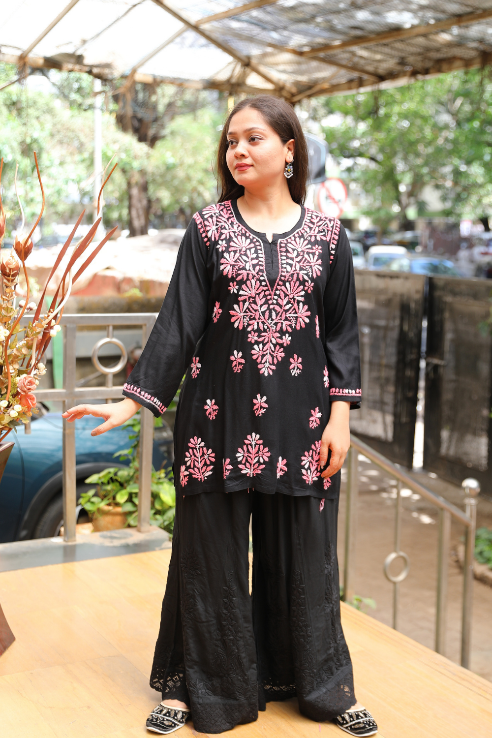 Ruvina Rayon Black Multi Chikankari Short Kurti