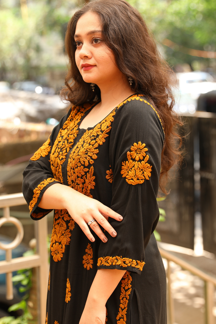 Kausar Rayon 3D Chikankari Designer Black  Multi
