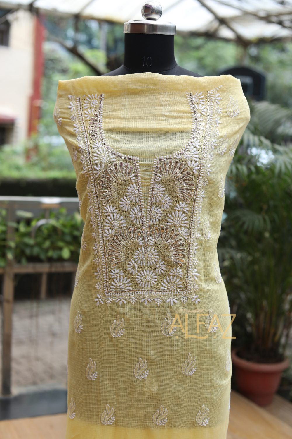 Alfaz Hand Embroidered  Kota Lucknowi Chikankari Unstitched Kurta Dupatta Set With Zari Work