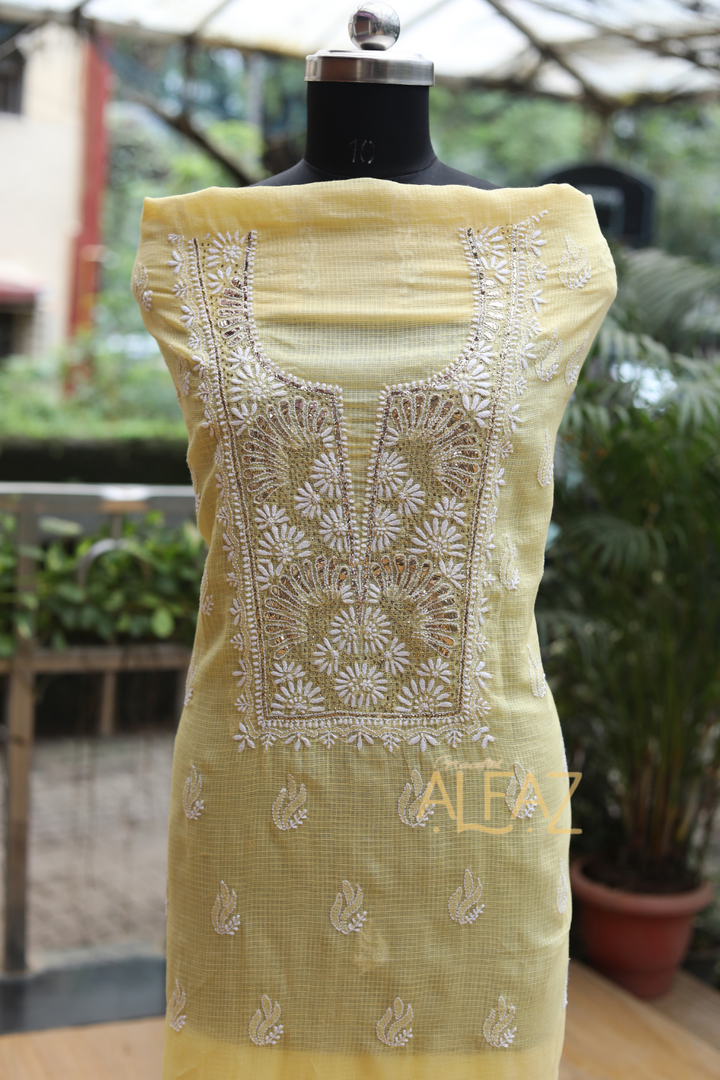 Alfaz Hand Embroidered  Kota Lucknowi Chikankari Unstitched Kurta Dupatta Set With Zari Work