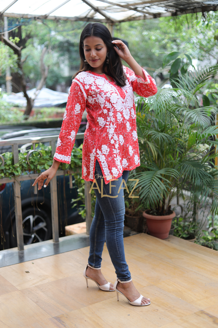 Falak Printed Mulmul 3D Chikankari Short Kurti