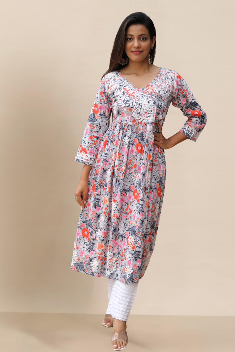 Stylish Chikankari Angrakha Gown - Shahida Mulmul Collection