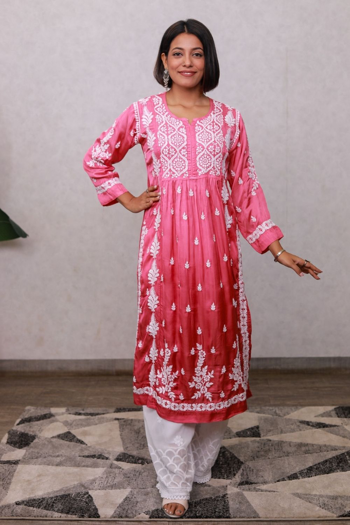 Haniya Modal Satin 3D Chikankari Nayra Cut Kurti