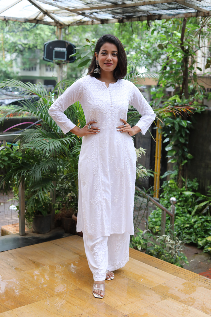 Kaira Dobby Cotton White Chikankari Kurti