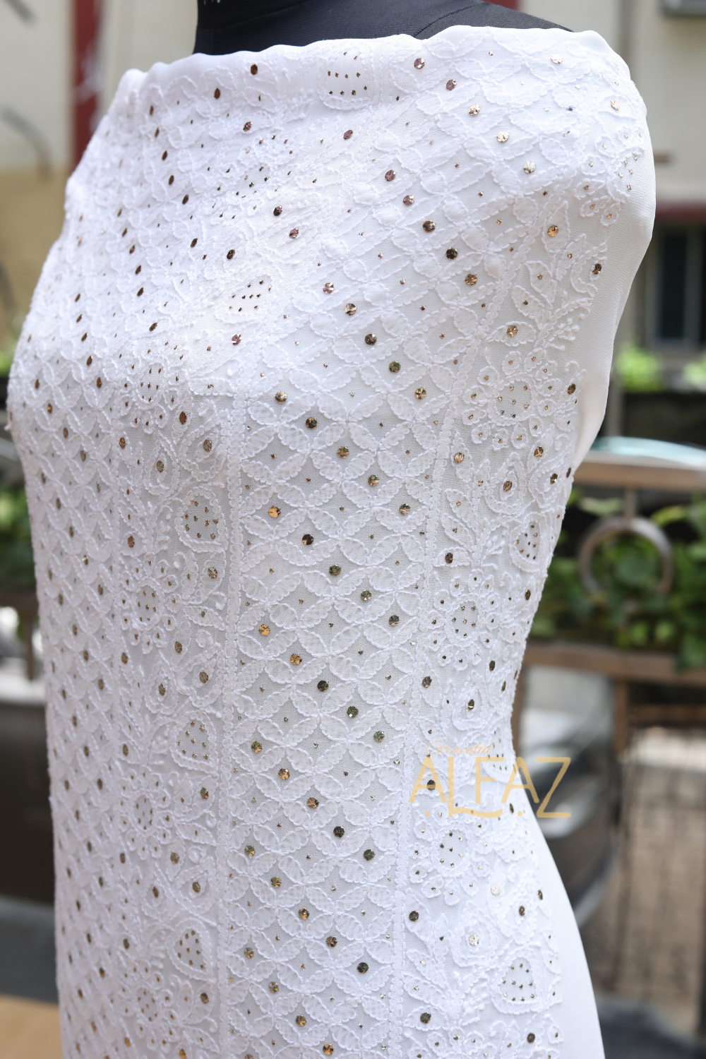 Alfaz Hand Embroidered White Viscose  Lucknowi Chikankari Unstitched Kurta Dupatta Set With Mukaish Work