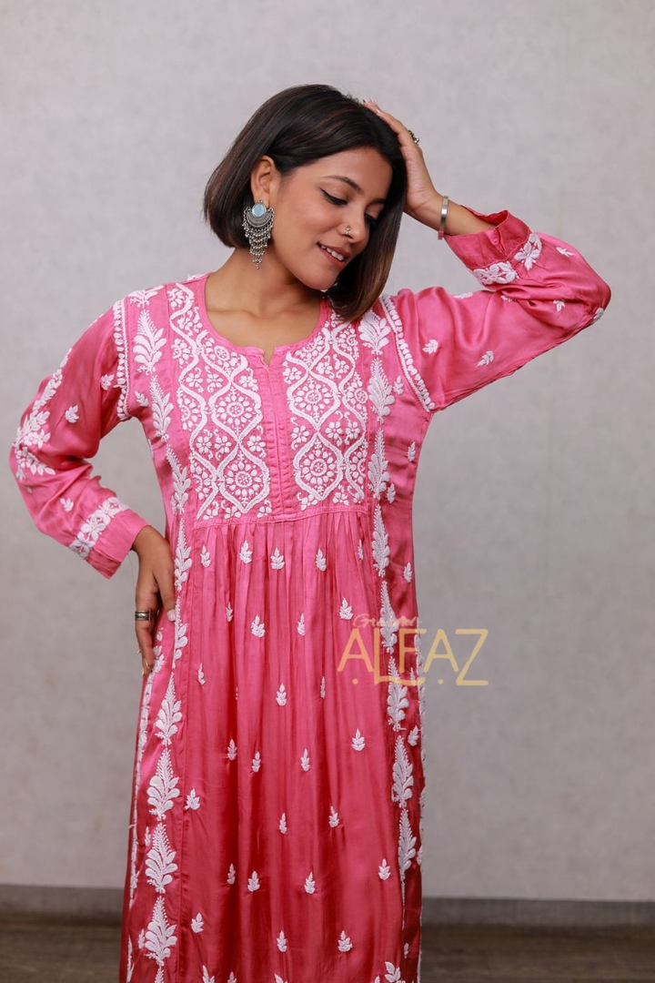 Haniya Modal Satin 3D Chikankari Nayra Cut Kurti