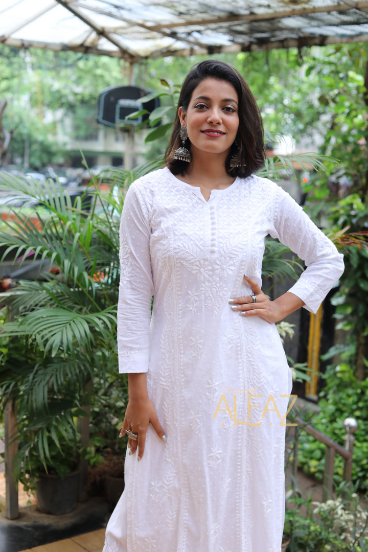 Kaira Dobby Cotton White Chikankari Kurti