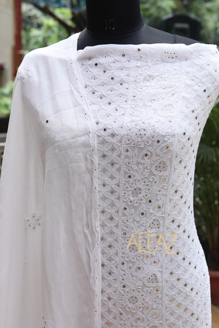 Alfaz Hand Embroidered White Viscose  Lucknowi Chikankari Unstitched Kurta Dupatta Set With Mukaish Work